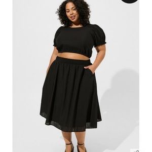 Midi Seersucker Smocked Skirt Set - Black- Torrid size 2